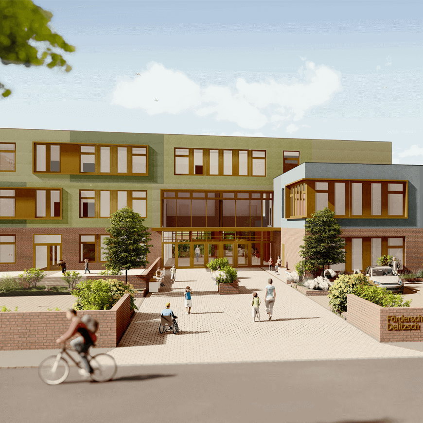 Visualisierung einer modernen Förderschule mit Putzfassade und Klinkersockel